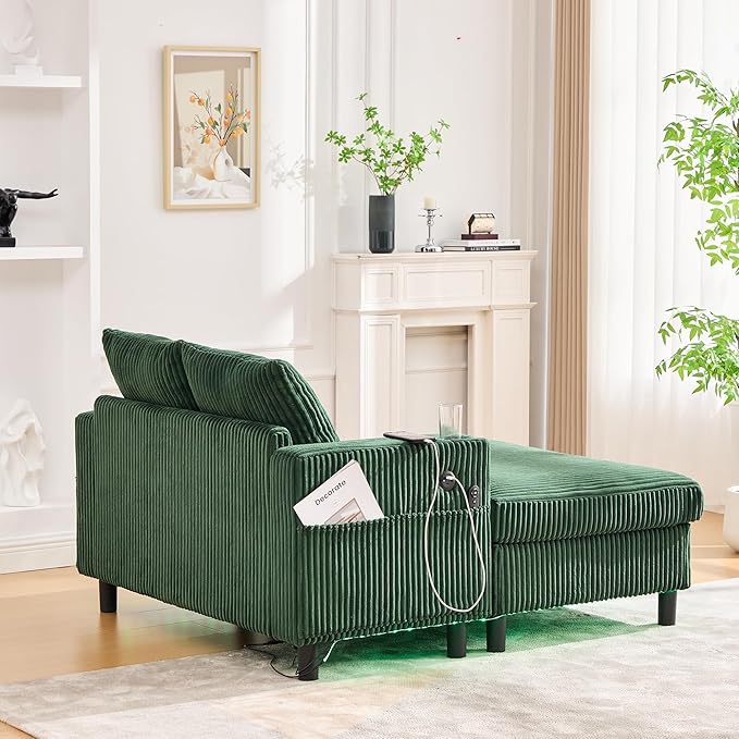 SLEERWAY Modern Corduroy Chaise Lounge Sofa Indoor - 55.9 Comfy Oversized Couch Bed with USB Ports Cup Holder Side Pocket Lights 3 Throw Pillows Lazy Recliner Chairs Living Room (Emerald Green)