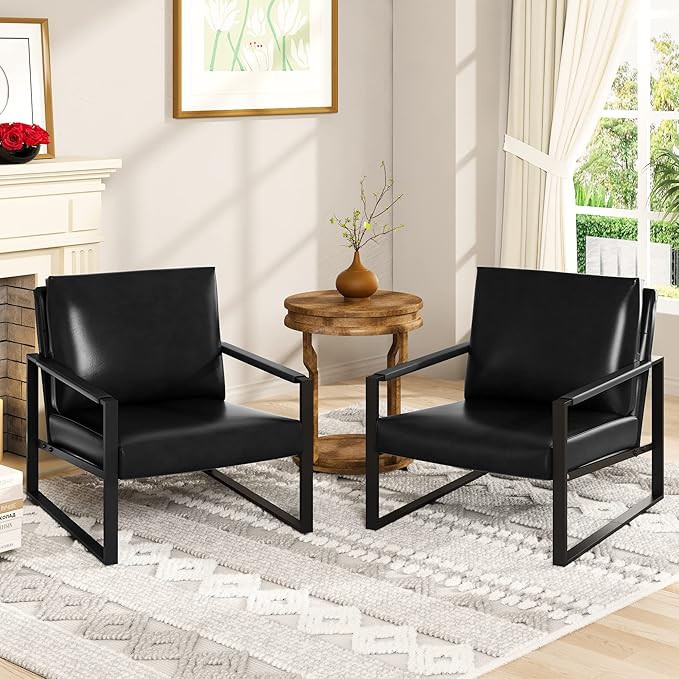 AWQM Leather Accent Chair Set of 2 Sofa Chair with Extra-Thick Padded Backrest and Seat Cushion Single Sofa for Living Room Bedroom Black Metal Frame 105 Degree Slant Back Black (ETSF-01BK-02)