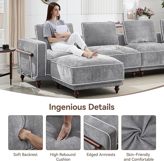 146 Modular Sectioanl Sofa Oversized 4-Seater Cloud Couches for Living Room Comfy Deep Seat Couches with Wooden Leg Armrets Chenille Grey