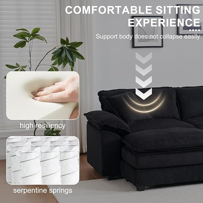 Oversized Chaise Lounge Chair Indoor with Ottoman 80.5W Corduroy Upholstered Modern Loveseat Sofa Deep Seat Modular Sectional Cloud Couch Sofa Comfy Reclining Sleeper Chair for Living Room Black