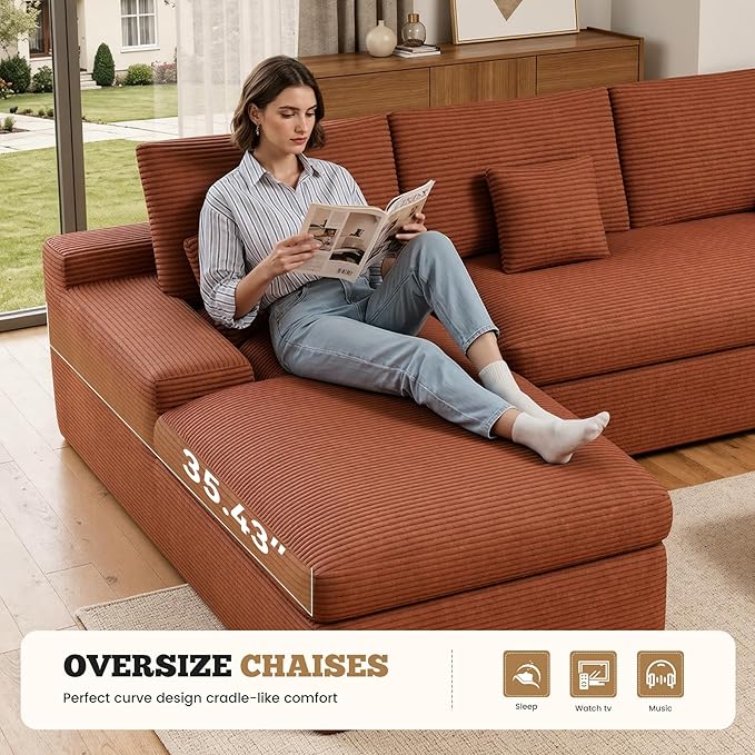 112 Modular Sectional Sofa for Living Room Convertible L-Shape Couch with OttomanCloud Boneless Couch with Layered CushionReddish Brown Corduroy