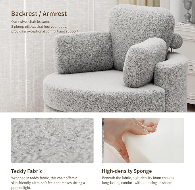 MEISSALIVVE Swivel Accent Chair - Swivel Chair with Ottoman Cuddle Round Lounge Sofa with Pillow 360° Rotating Barrel Sofa Chairs for Living Room (Grey)