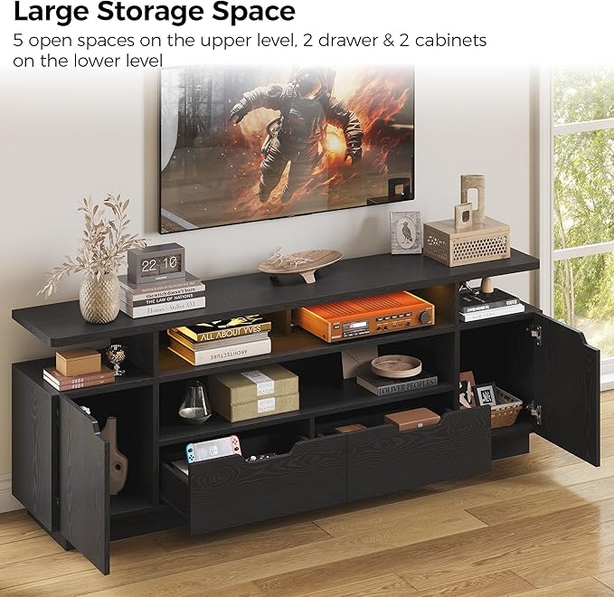 IRONCK TV Stand for TVs 85 inch with Power Outlet and LED Lights Entertainment Center with Storage Cabinets Media TV Console with Drawers Modern TV Stand for Living Room Black