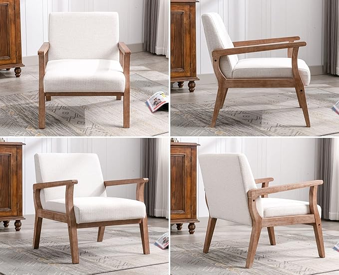 VESCASA 23.2 W Accent Chairs Set of 2 with Arms Farmhouse Side Chairs with Upholstered Seat Mid Century Modern Reading Chairs with White Wash Wood Legs for Living Room/Bedroom White Linen