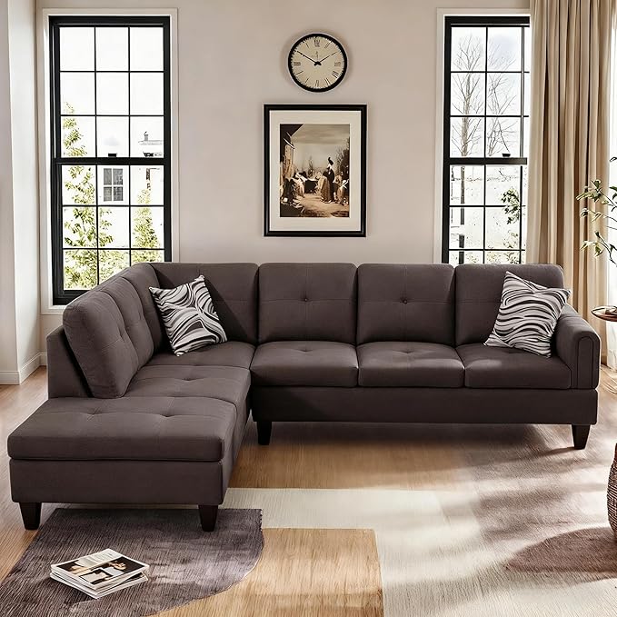 L Shaped Couch Sectional Couches with Chaise Fluffy Fabric 3 Pieces Modular Convertible Sofa for Living Room Furniture Sets and Small Apartment Dark Brown
