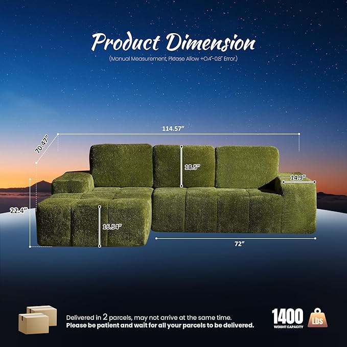 ovios 115 Cloud Boneless Couch with Glitter Fabric Moudular Sectional Sofa with Deep Seat No Assembly Required Modern Minimalist L Shaped Couches with Chaise for Living Room Green