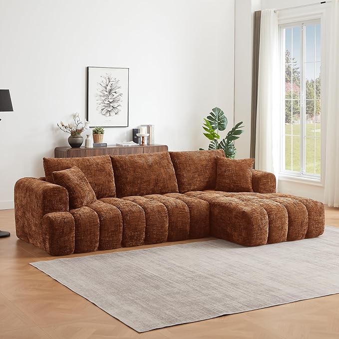 108 Boneless Cloud Modular Sectional Couch for Living Room L Shaped Sofa with Chaise | Chenille Fabric | Compressed Foam Sofa for Living Room | No Assembly (Orange Right Hand Facing)