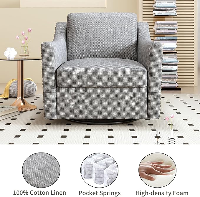 Cotton Linen Fabric Upholstered 360° Swivel Accent Chair Armchair with RivetsSquare Club Sofa Arm Chair with Metal Base Barrel Chairs for Bedroom Living Room Office (Light Grey)