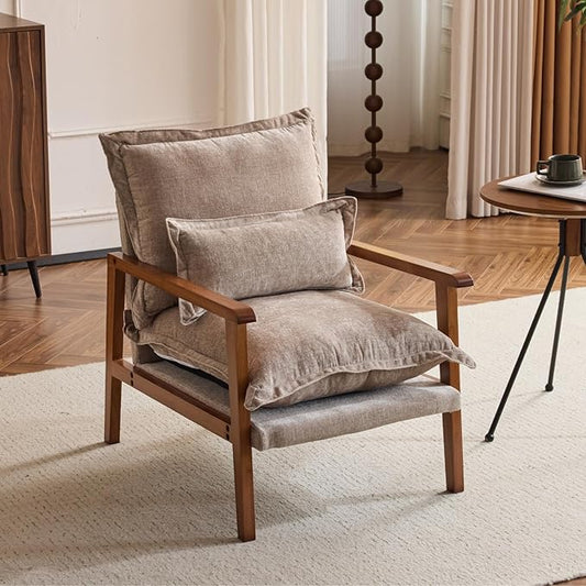 Karl home Plush Chenille Accent Chair with Lumbar Pillow &amp Ruffled Design Cozy Lounge Chair for Living Room Bedroom Reading Corner Khaki