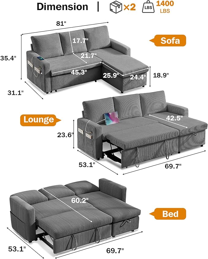 Vipbear 80 Sectional Sleeper Sofa Bed with Pull Out Bed L Shaped Couch Pull Out Couch with Reclining Backrest Reversible Storage Chaise USB Ports Tool-Free Assembly Corduroy Dark Grey