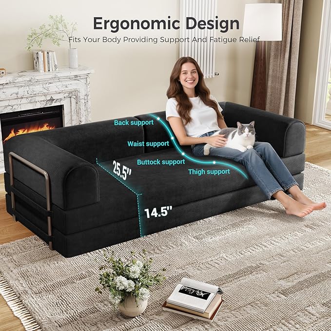 78.8 Convertible Sofa BedCorduroy Futon Couch Folding Pull Out Futon SofaNo Assembly Boneless Couch for Living Room