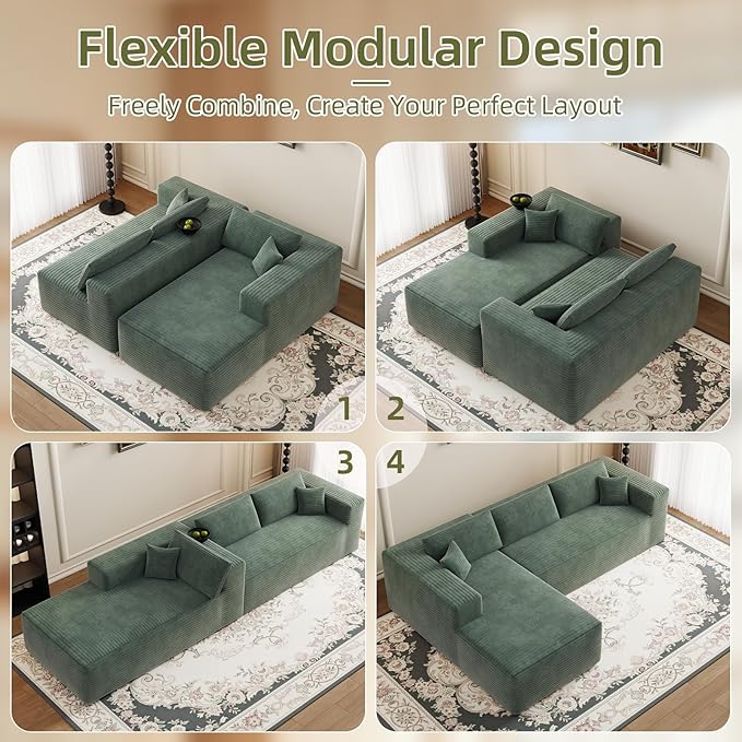 108” Boneless Couches for Living Room L-Shape Modular Sectional Sofa Couches High Rebound Sponge Comfy Fluffy Corduroy Cloud Couch with Oversized Chaise and Deep Seat (Olive Green)