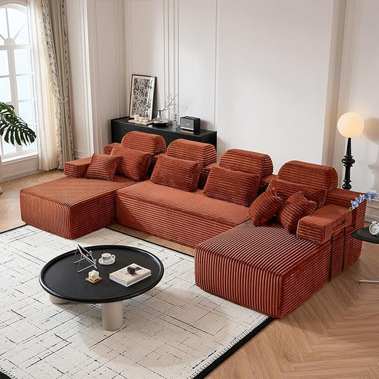 141 Boneless Couch with Reversible Chaise U Shaped Sectional Couches for Living Room Modular Sectional Sofa 28 Deep Seat Corduroy Couch Reversible Chaise Couch in a Box Orange