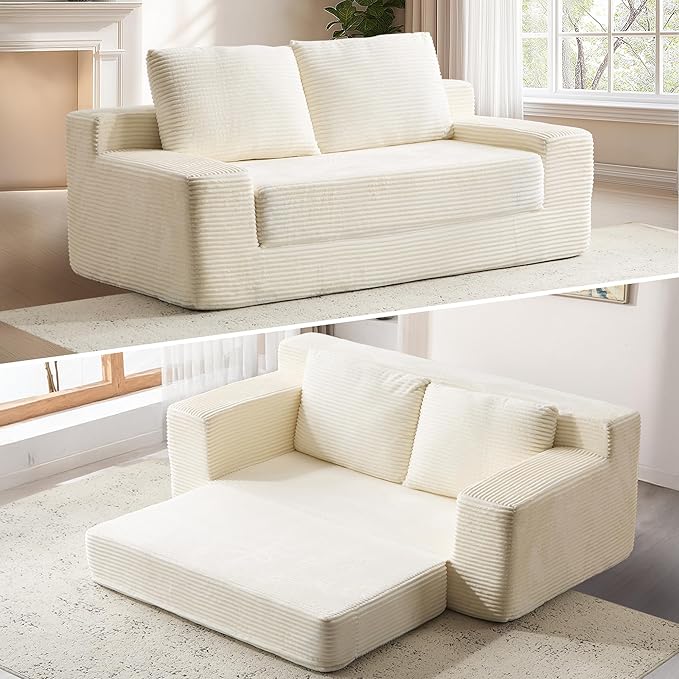 71 Oversized Loveseat Pull Out Sofa 2 in1 Convertible Loveseat Sofa with Pillows Corduroy Folding Couch Bed with Deep Seat Boneless Couch for Small Room No Assembly Required White