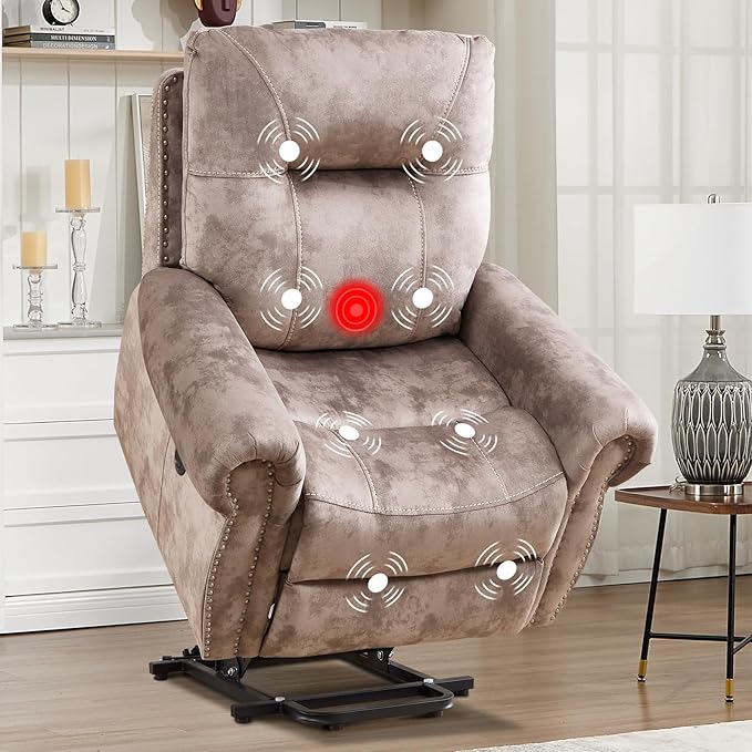 CANMOV Power Lift Recliner Chair with Massage and Heat Soft Fabric Massage Recliner for Elderly Overstuffed Single Reclining Sofa Vintage Rivet Mid-Century Design for Living Room Brown