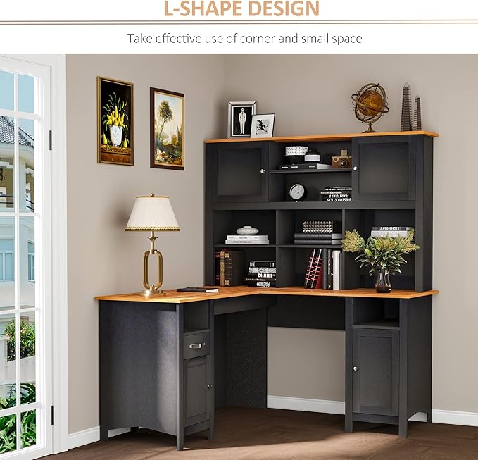HOMCOM L Shaped Computer Desk with Hutch 59 Corner Desk Space Saving Home Office Desk with Storage Shelves Drawer and Cabinet Black