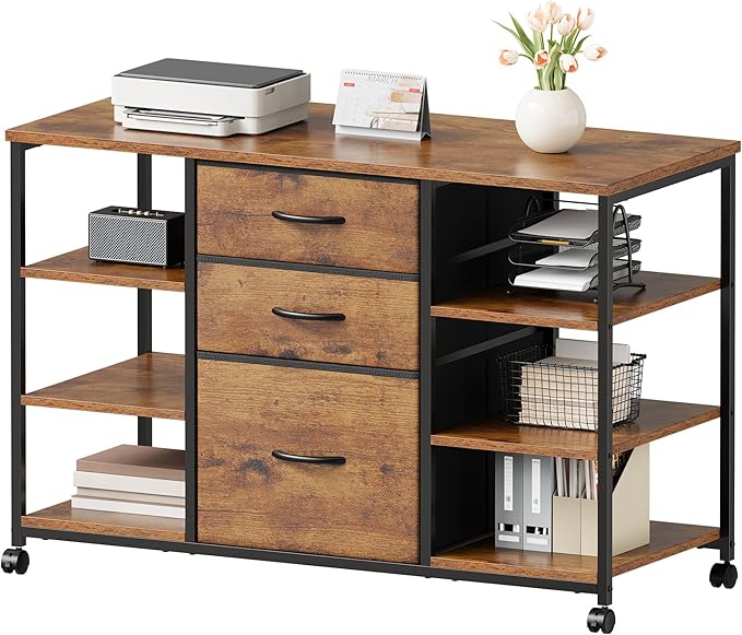 Mobile File CabinetLateral Filing Cabinet with 3 Fabric DrawersRolling Printer Stand with 4 Open Storage Shelf for Home OfficeRustic Brown