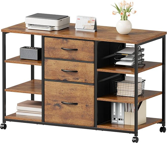Mobile File CabinetLateral Filing Cabinet with 3 Fabric DrawersRolling Printer Stand with 4 Open Storage Shelf for Home OfficeRustic Brown