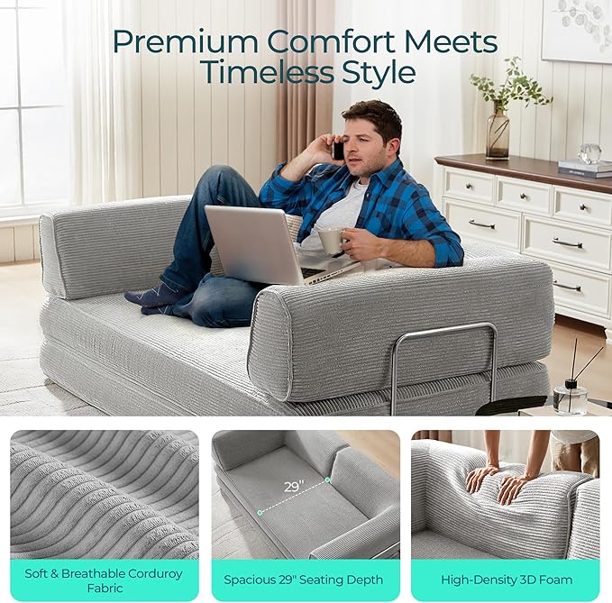 LINSY HOME 79'' Convertible Sofa Bed - Sleeper Sofa Compression Folding Loveseat Sleeper - Foldable Corduroy Couch Bed for Living Room Bedroom - Modular Sectional Compressed Sofa in Box Grey
