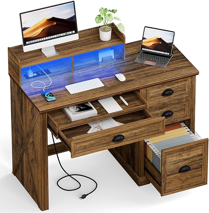 Computer Desk with Monitor Stand 47 in Farmhouse Home Office Desk with LED Lights Power Outlets Executive Desk with Storage for Working Gaming Study Writing Table for Bedroom Walnut