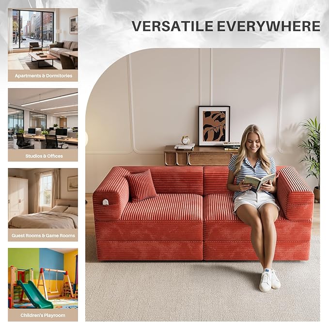 78 Compressed Convertible Sofa Bed Modular Corduroy Loveseat Sleeper with Fixed-Shape Frame Folding Mattress Couch with 2 Pillows for Living Room Bedroom Small Spaces No Assembly Needed Orange