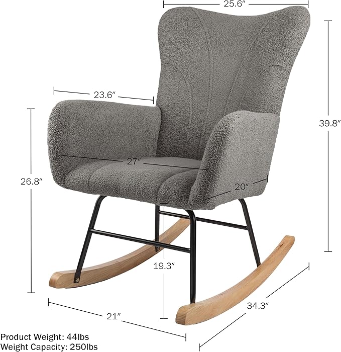 Rocking Chair - Teddy Fabric Upholstered Chair with Padded Seat and Contoured Armrests - Ergonomic Modern Rocker for Bedroom by Lavish Home (Gray)