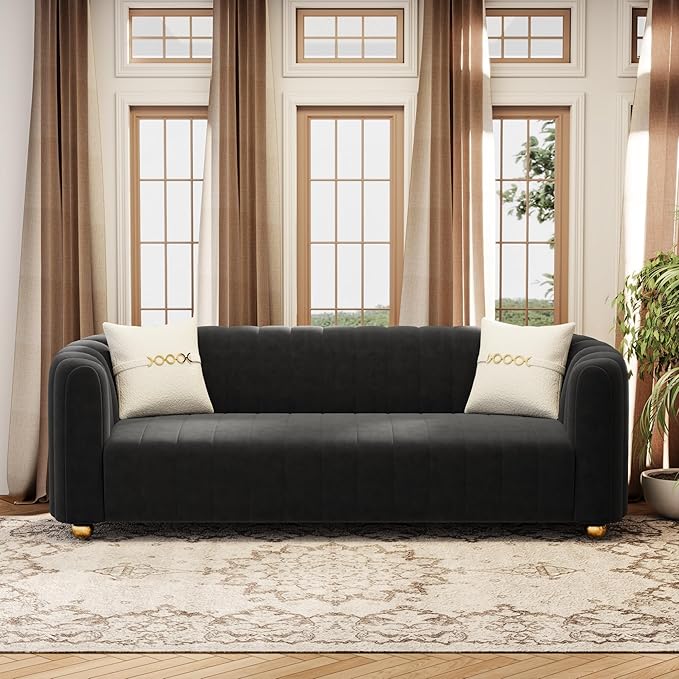KEAI 83.46 Velvet Couch for Living Room Large Modern Sofa with Gold Metal Sphere Legs Office Upholstered Comfy 3 Seater Couches Cute Sherpa Bedroom Furniture (Black)