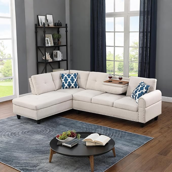 Ball &amp Cast 98 L Shaped Sectional Couch with Chaise Linen Upholstered Modular Sectional Sofa with Pillows and Cup Holders5 Seater Comfy SofaNailhead Trim Designfor Living RoomApartmentBeige