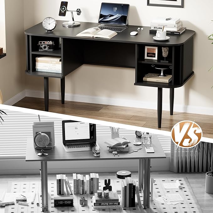 55 Modern Writing Desk with Sliding Doors Wood Home Office Desk with Storage Computer Desk for Study Living Room Dorm Black