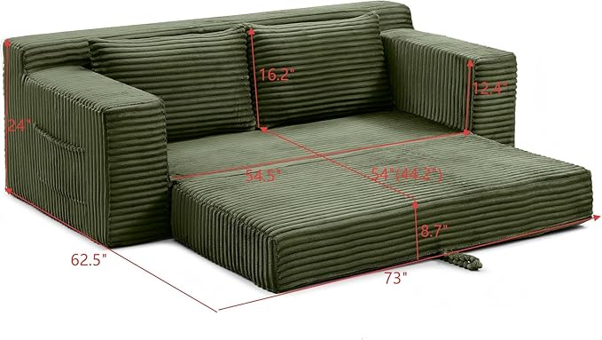 73 Convertible Sofa Bed Pull Out Loveseat Sleeper Sofa with Side Pockets 2 in 1 Folding Couch Bed Fold Out Floor Couch Lounge Sofa with 2 Pillows for Living Room Apartment (Green)