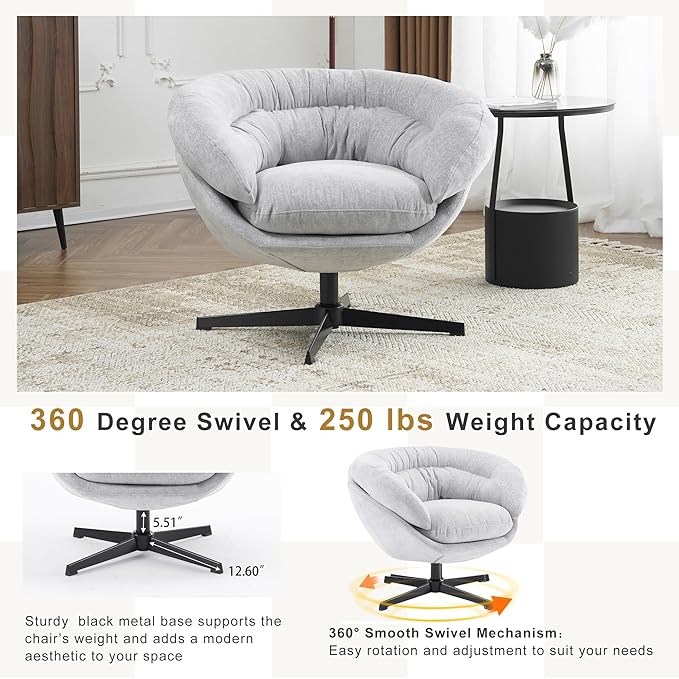 360°Swivel Accent ChairModern Chenille Office ChairRound Office Chairswith Removable CushionBlack Metal Base for Living RoomBedroomReading CornerOfficeGray