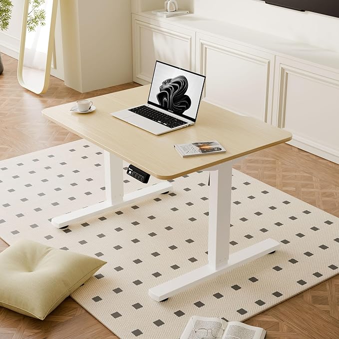 ERGOMAKER Low Height Adjustable Desk with Lockable Wheels Lifts 18.9-29.5 31.5 x 23.6 Electric Small Standing Desk with Splice Board for Home Office &amp Short People(White Frame Gold Oak Desk