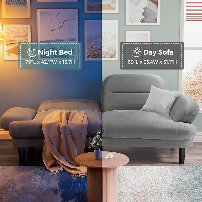 79” Futon Sofa Bed Sleeper Sofa Convertible Sofa Bed with Adjustable Backrest and Armrests Luxury Velvet Cloud Loveseat Convertible Recliner Sleeper Sofa for Living Room Bedroom Apartment Green