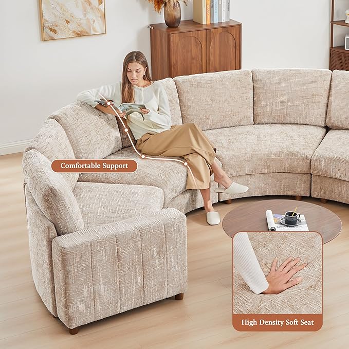 ORRD Curved Sectional Sofa Convertible L Shaped Couch with Deep Seat Boucle Modular Sectional Sofa with Pillows Curved Chenille Comfy Corner 4 Seat Couch for Living Room Beige