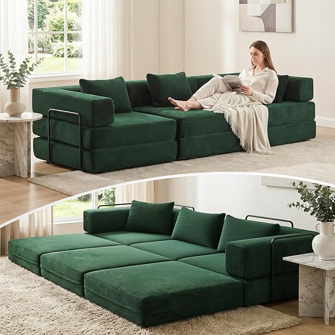 WELAX 118 Convertible Sectional Sofa 3-Seater Futon Modular Sleeper Sofas Bed with 3 Pillows Corduroy Boneless Cloud Couches for Living Room No Assembly Floor Couch for Bedroom Green