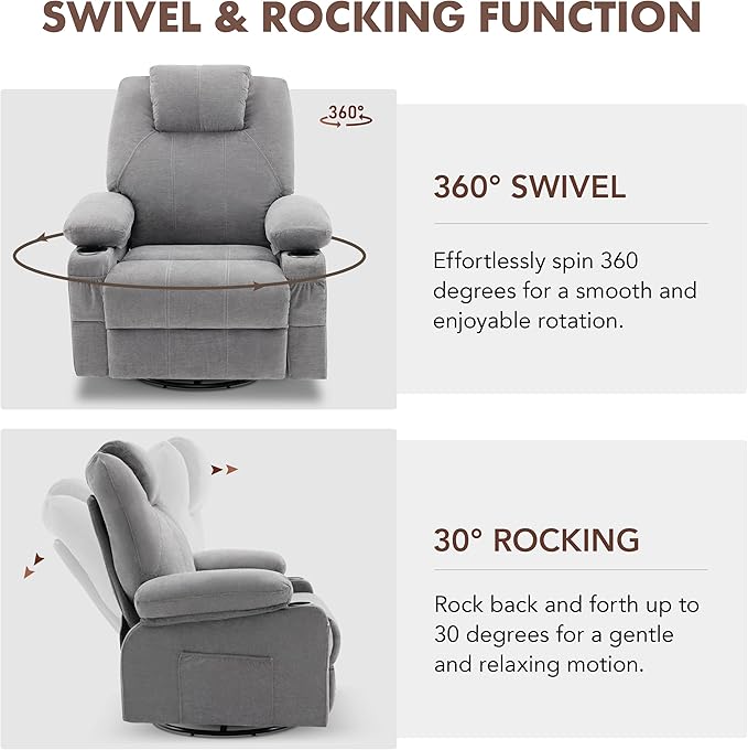 Swivel Rocker Recliner Chair with Heat and Massage Big Oversized Rocking Single Sofa for Living Room 360 Degree Swivel Recliner Chair with Cup Holders and USB Port (Fabric Grey)