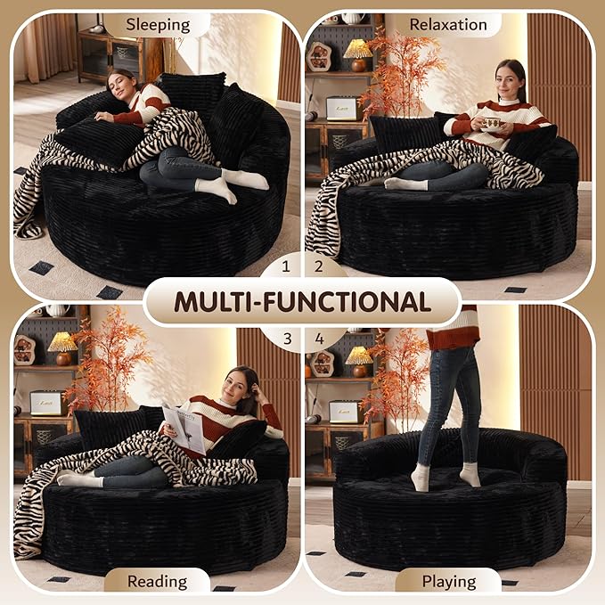 ovios 58 Oversized Round Chair Lounge Chaise Indoor No Assembly Required Cloud Large Circle Chair with Plush Fuax Fur Fluffy Modern Sleeper Sofa Bed for Reading Yoga Black (Plush Corduroy Fabric)