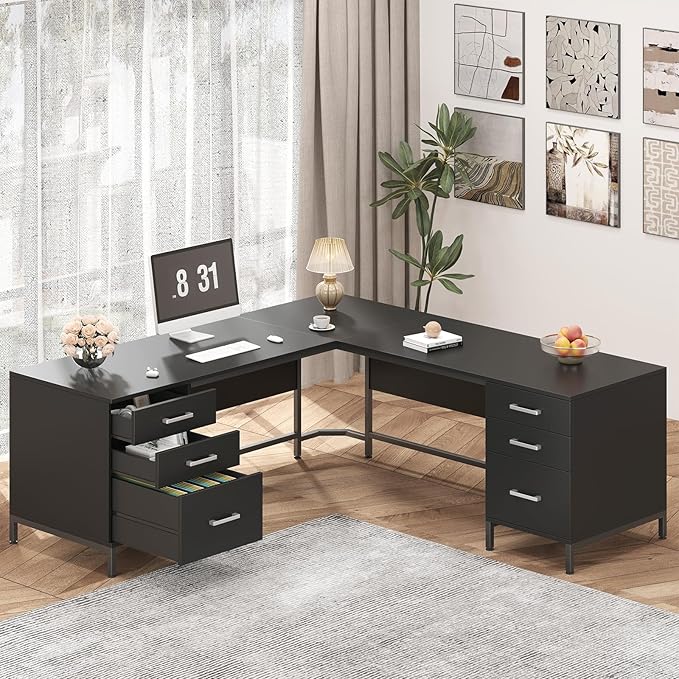 TVU 59’‘ L Shaped Desk with 6 Wood Drawers Large Home Office Corner Computer Desk with Storage File Cabinet Modern Metal Wood Desk for Executive Writing Study Workstation Black