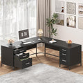 TVU 59’‘ L Shaped Desk with 6 Wood Drawers Large Home Office Corner Computer Desk with Storage File Cabinet Modern Metal Wood Desk for Executive Writing Study Workstation Black