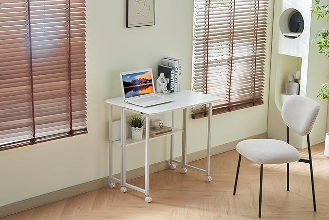 Mobile Small Rolling Computer Desk Folding Laptop Cart Table with Wheels Portable Foldable Desk for Small Spaces Compact Rolling Office for Couch Bed Study Home (White31.5L × 22.9W × 29.53H)
