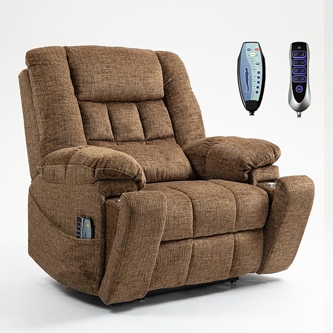 4 Motor Power Lift Recliner Chair for Elderly Oversized Lay Flat Recliner with Massage Heat Adjustable Headrest Hidden Cup Holders Zero Gravity Big and Tall Recliners Caramel
