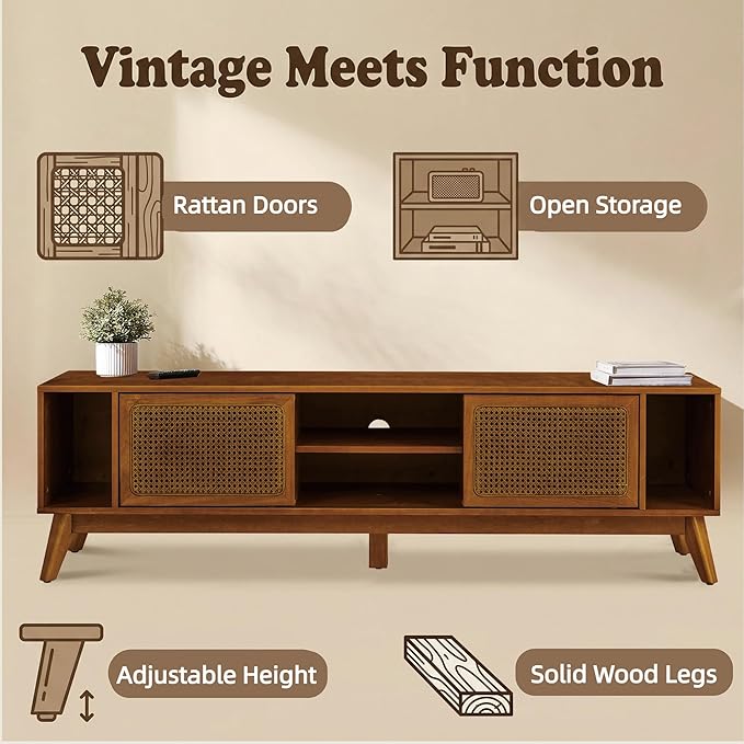 LKTART 68 Inch Mid Century Modern TV Stand with Rattan DoorsMCM Entertainment Center Media Console for 60/65/70/75 inch TVsLong Boho Television Stand for Living RoomLight Walnut
