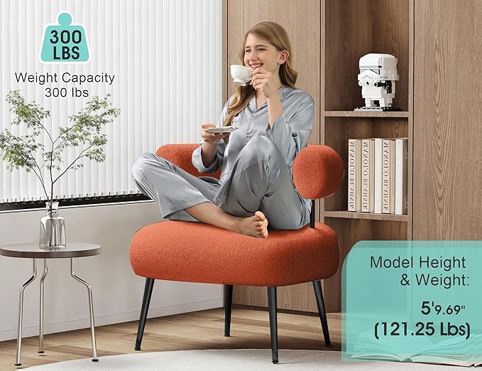 Mid Century Sherpa Boucle Accent Chair Round Upholstered Barrel Arm Chair for Small Spaces Fluffy Side Corner Sofa Chair for Living Room Bedroom Vanity Office Reading Nook（Orange）