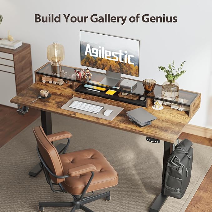 Agilestic Glass Standing Desk with Storage 48 Inch Electric Adjustable Desk with Glass Shelf and Cable Management Sit Stand Up Home Office Computer Table Splice Board Rustic Brown