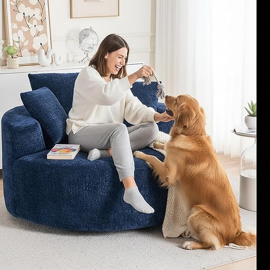 Blue 55 Oversized Swivel Accent Chair Round Barrel Chair with 360° Rotation Chenille Upholstered Deep Seat Lounge Sofa Modern Comfy Single Sofa for Living Room Bedroom Office (Blue)