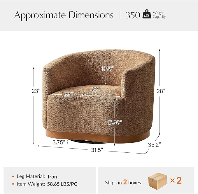 HULALA HOME Chenille Swivel Accent Chairs Set of 2 Fully Assembled Comfy Upholstery Barrel Armchair with Sturdy Solid Wood Base Caramel