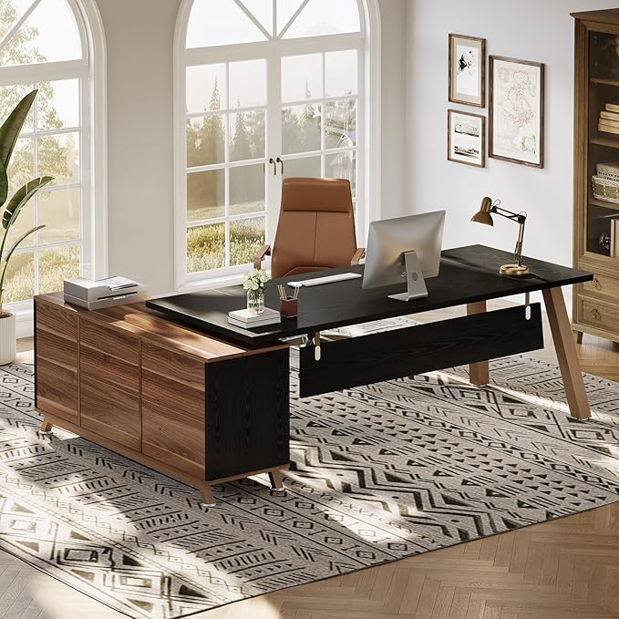 Tribesigns 78.7 L-Shaped Executive Desk Modern Office Desk with File Drawers &amp Storage Shelves Large Computer Desk with 55-Inch Cabinet Business Workstation for Home Office Black &amp Walnut