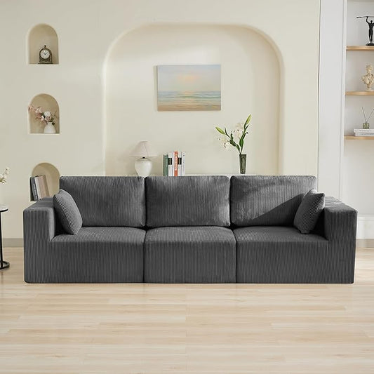 115'' Comfy Boneless Couch Upholstered Deep Seat Modular Cloud Sofa No Assembly Corduroy Compression 3 Seater Sofa Couch for Living Room Grey