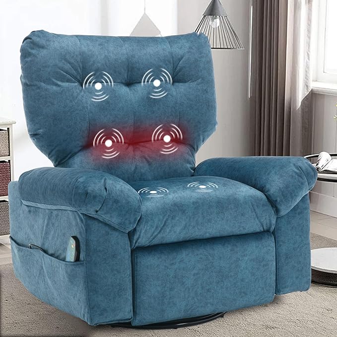 Rocker Recliner Chair for Adults Soft Lazy Boy Recliner Chair with Heat&amp Adjustable Backrest Footrest Oversized Massage Recliner Chair with Swivel and Side Pocket for Living Room Bedroom (Blue)