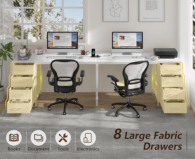 TVU 95 2 Person Desk with 8 Drawers Double Desk for Two People Home Office Desks with Outlets Long Desks Workstation Drawer Organizers with 8 Fabric Drawers White